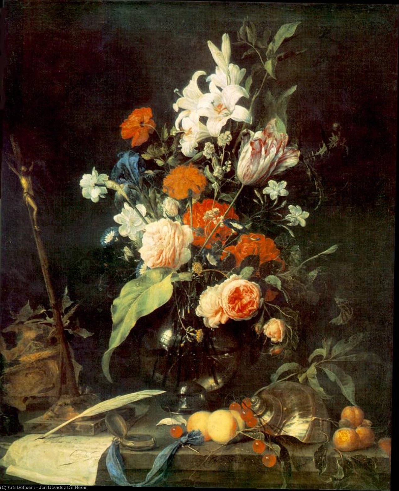 Wikioo.org - The Encyclopedia of Fine Arts - Painting, Artwork by Jan Davidsz De Heem - Flower Still-life with Crucifix and Skull