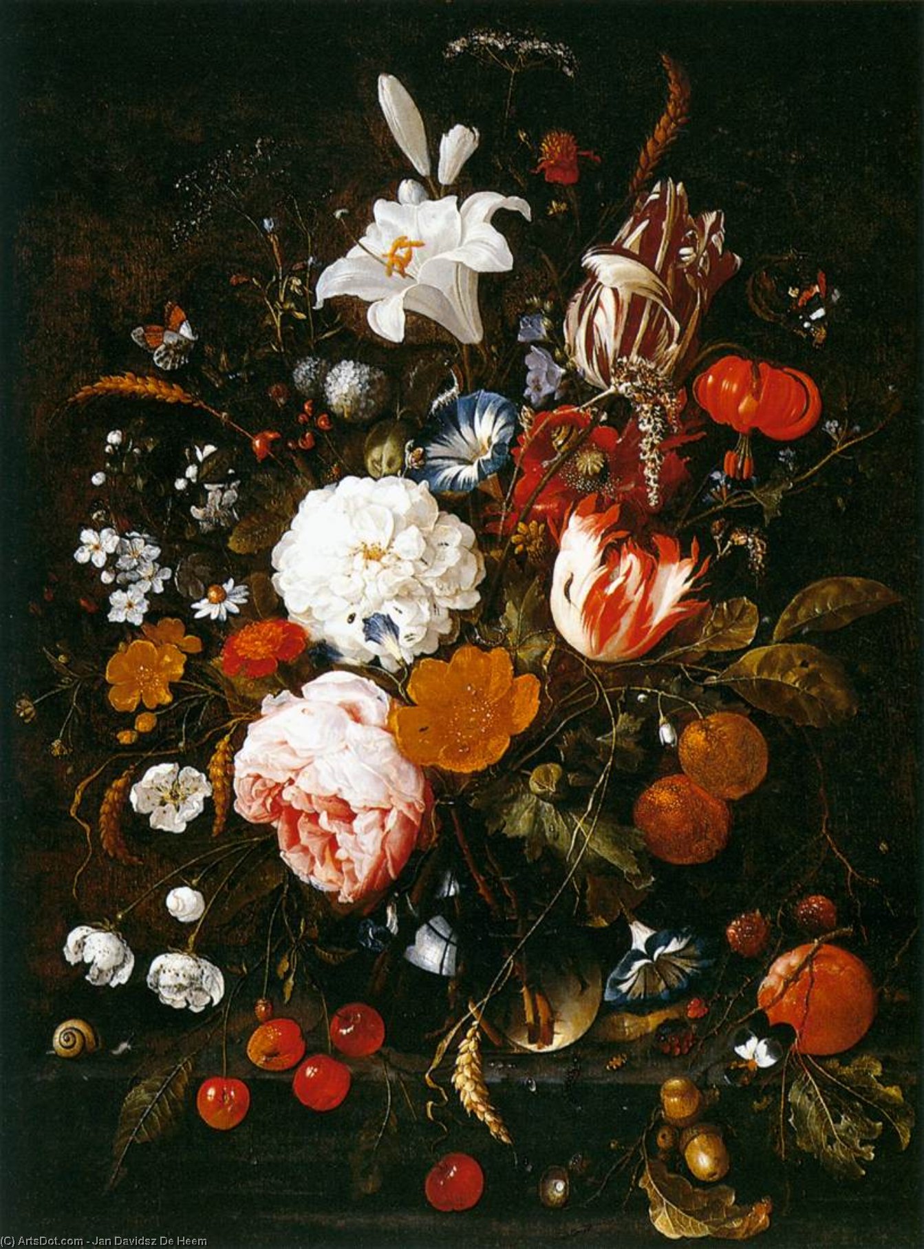 Wikioo.org - The Encyclopedia of Fine Arts - Painting, Artwork by Jan Davidsz De Heem - Still-Life with Flowers in a Glass Vase and Fruit