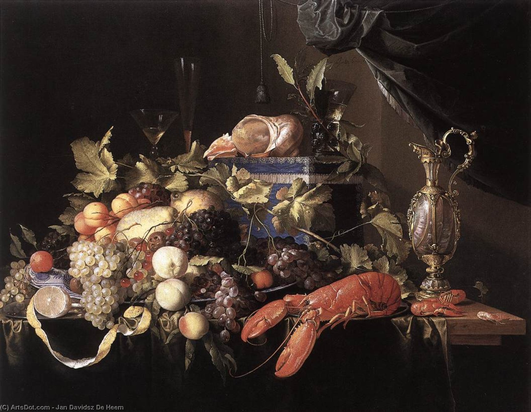 WikiOO.org – 美術百科全書 - 繪畫，作品 Jan Davidsz De Heem - 静物 与  水果  和  龙虾