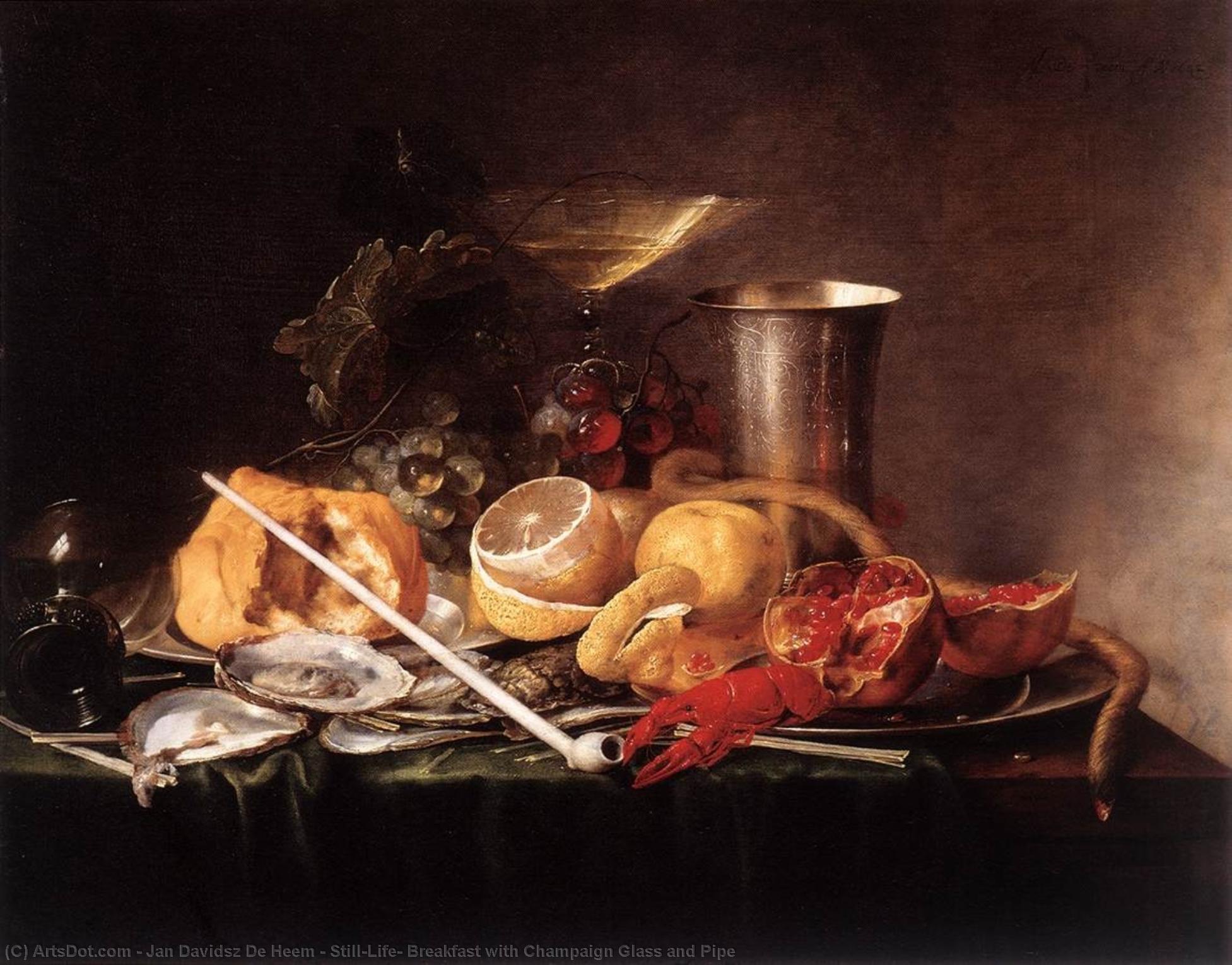 Wikioo.org – L'Enciclopedia delle Belle Arti - Pittura, Opere di Jan Davidsz De Heem - Still-Life , colazione con champagne vetro e tubi