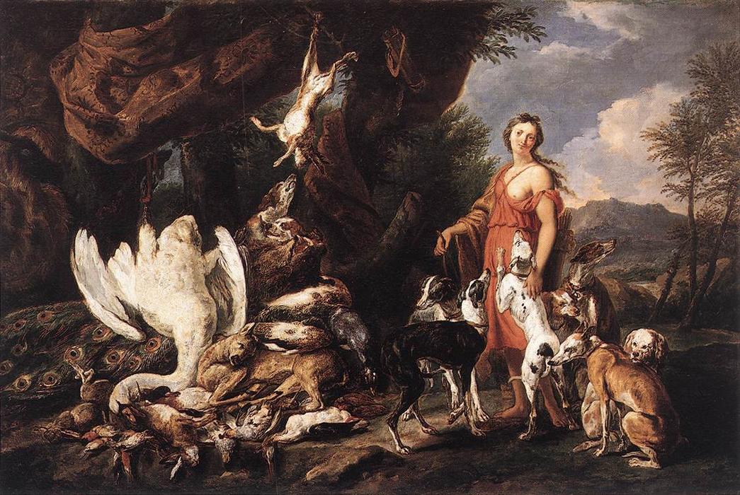 Wikioo.org - The Encyclopedia of Fine Arts - Painting, Artwork by Jan Fyt (Joannes Fijt) - Diana with Her Hunting Dogs beside Kill