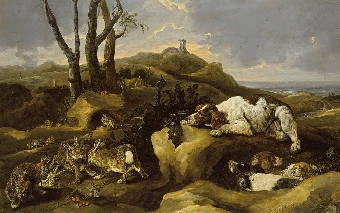 Wikioo.org - The Encyclopedia of Fine Arts - Painting, Artwork by Jan Fyt (Joannes Fijt) - Spaniels Stalking Rabbits in the Dunes