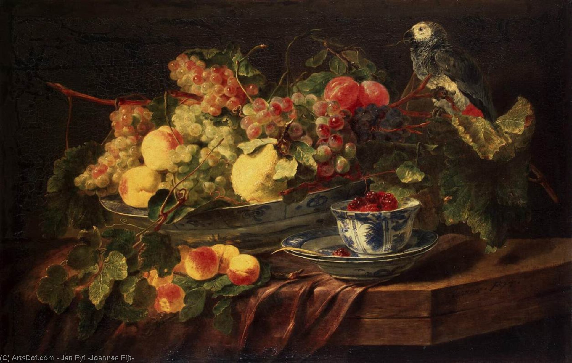 Wikioo.org – La Enciclopedia de las Bellas Artes - Pintura, Obras de arte de Jan Fyt (Joannes Fijt) - bodegón con frutas y loro