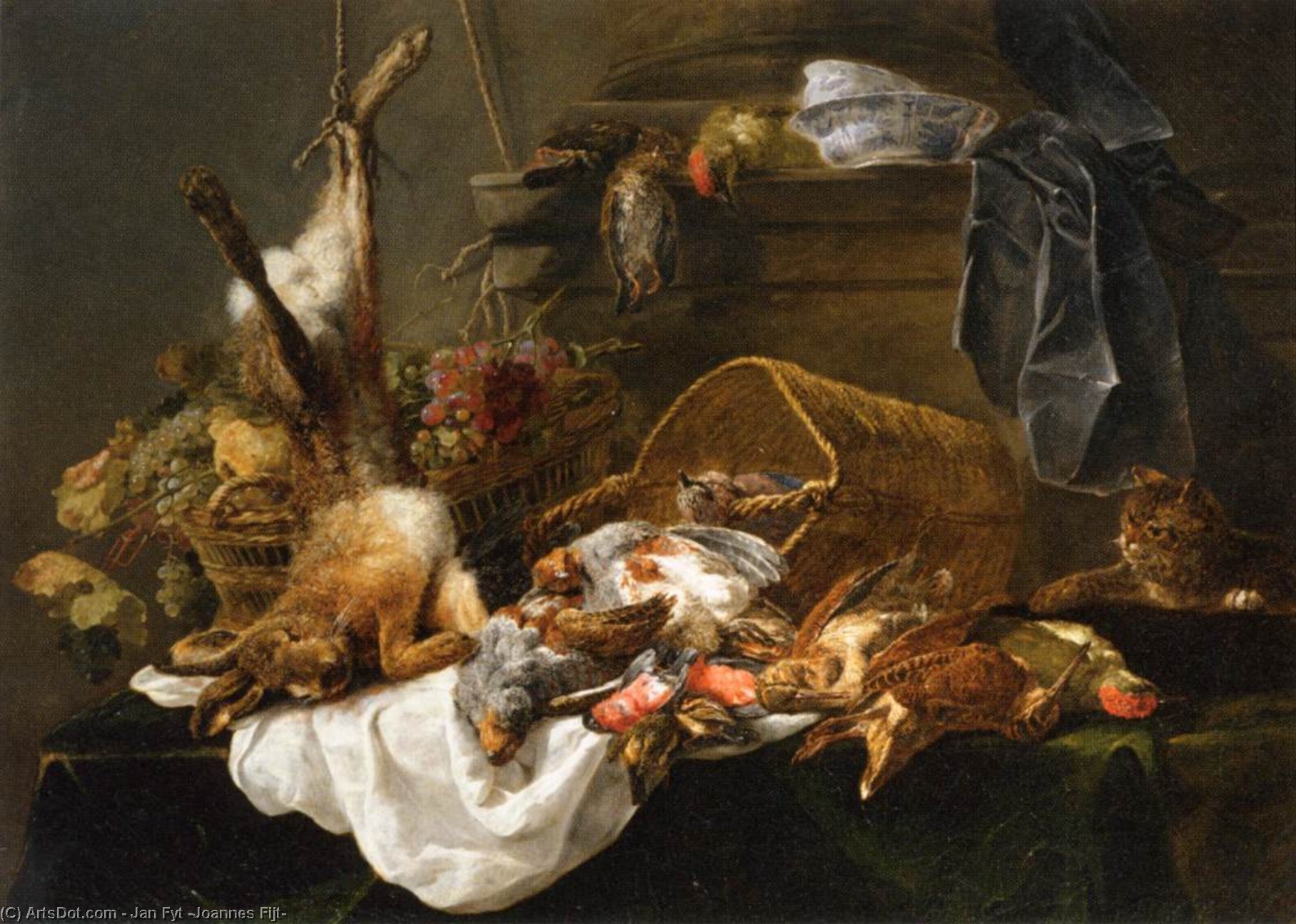 Wikioo.org – La Enciclopedia de las Bellas Artes - Pintura, Obras de arte de Jan Fyt (Joannes Fijt) - la carne de venado y cesta de uvas vistos por un gato