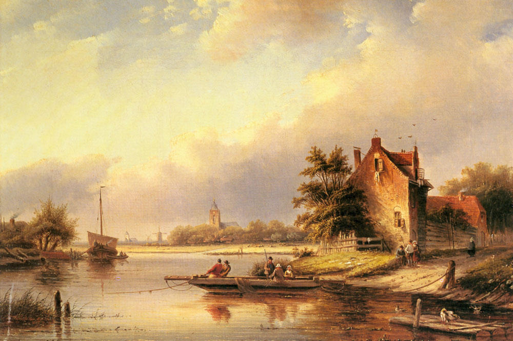 Wikioo.org - The Encyclopedia of Fine Arts - Painting, Artwork by Jan Jacob Coenraad Spohler - A Summer's Day at the Ferry Crossing