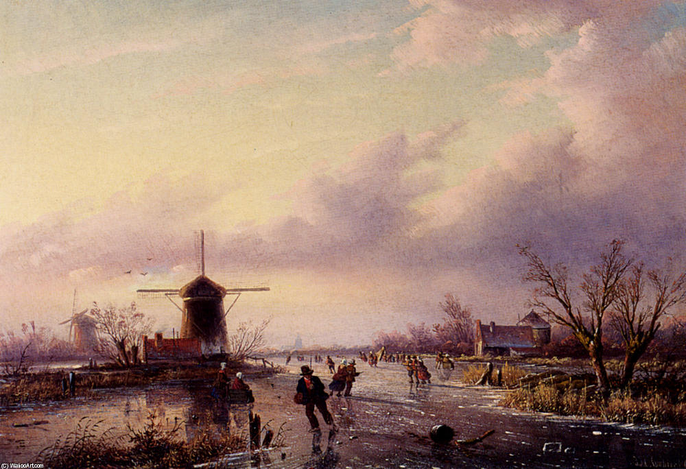 Wikioo.org - The Encyclopedia of Fine Arts - Painting, Artwork by Jan Jacob Coenraad Spohler - A Winter Landscape With Figures On A Frozen Waterway