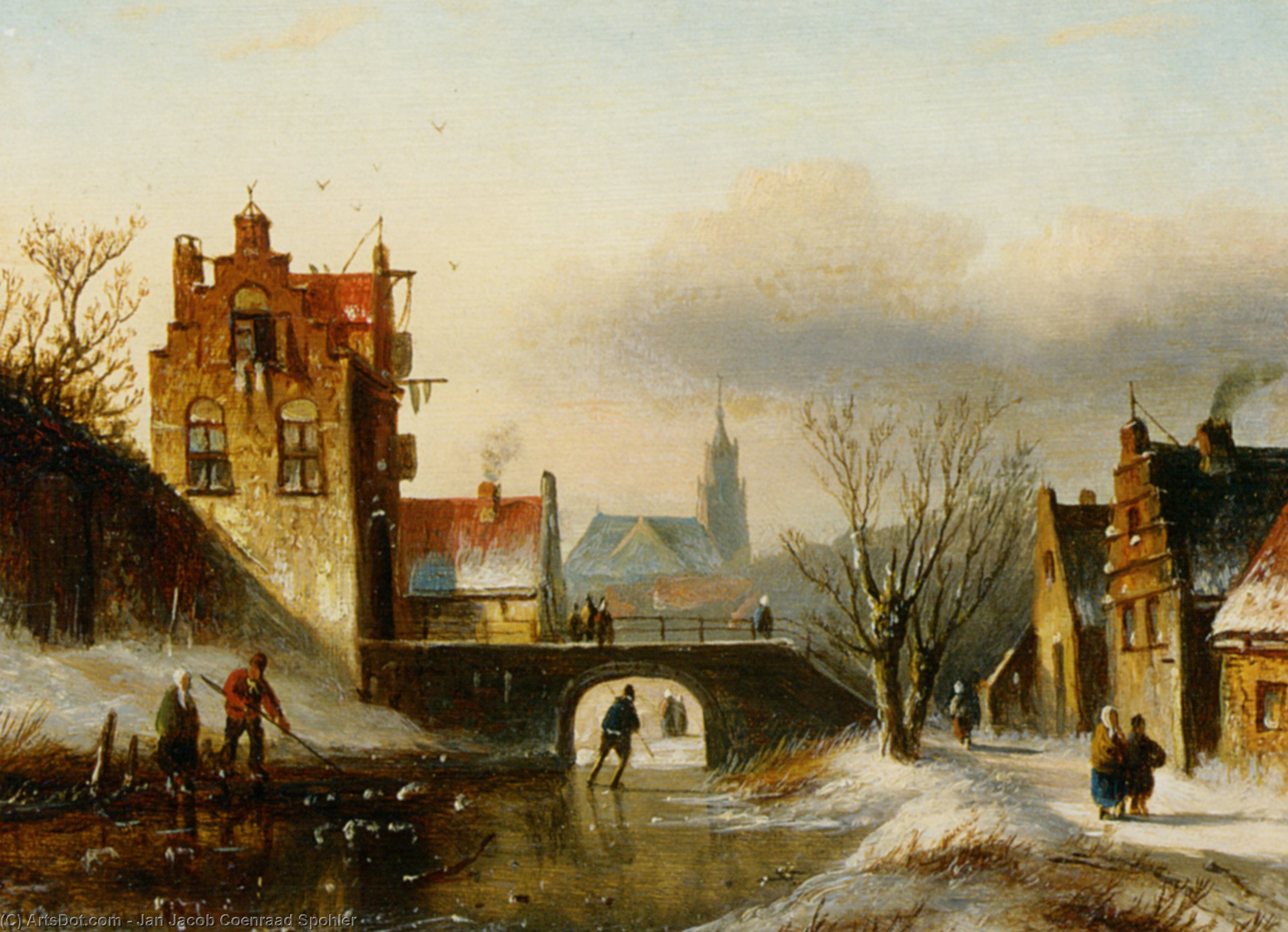 Wikioo.org - The Encyclopedia of Fine Arts - Painting, Artwork by Jan Jacob Coenraad Spohler - Figures on a frozen canal in a Dutch town
