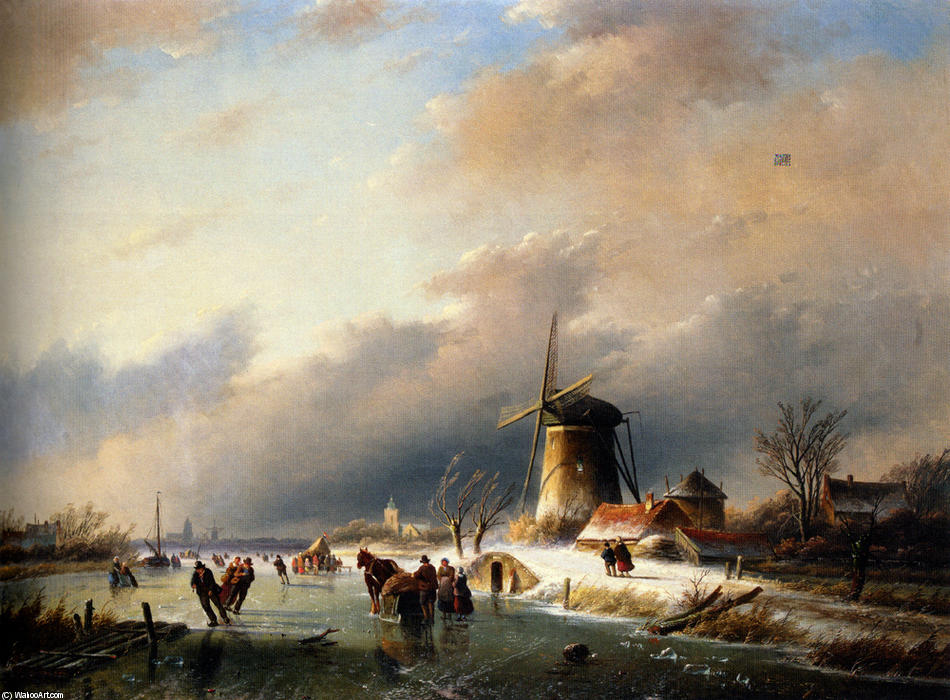Wikioo.org - The Encyclopedia of Fine Arts - Painting, Artwork by Jan Jacob Coenraad Spohler - Figures Skating on a Frozen River