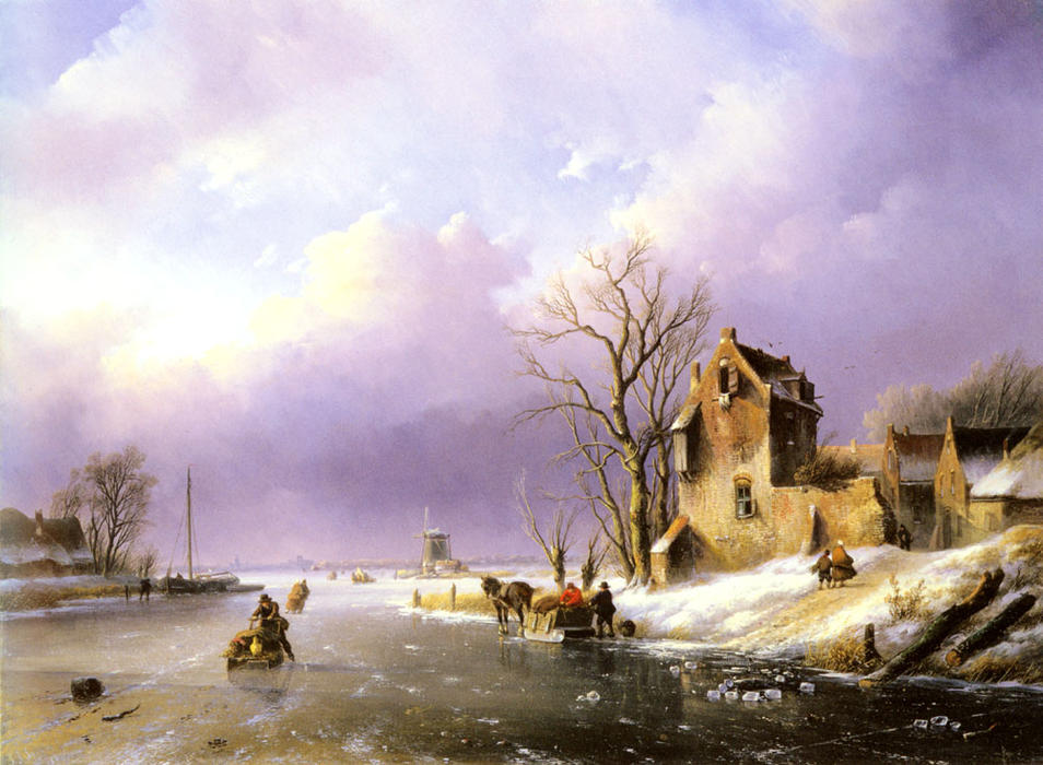 Wikioo.org - The Encyclopedia of Fine Arts - Painting, Artwork by Jan Jacob Coenraad Spohler - Winter Landscape with Figures on a Frozen River