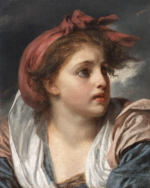Wikioo.org – La Enciclopedia de las Bellas Artes - Pintura, Obras de arte de Jean-Baptiste Greuze - una chica , busto longitud , que llevaba un pañuelo rojo 1