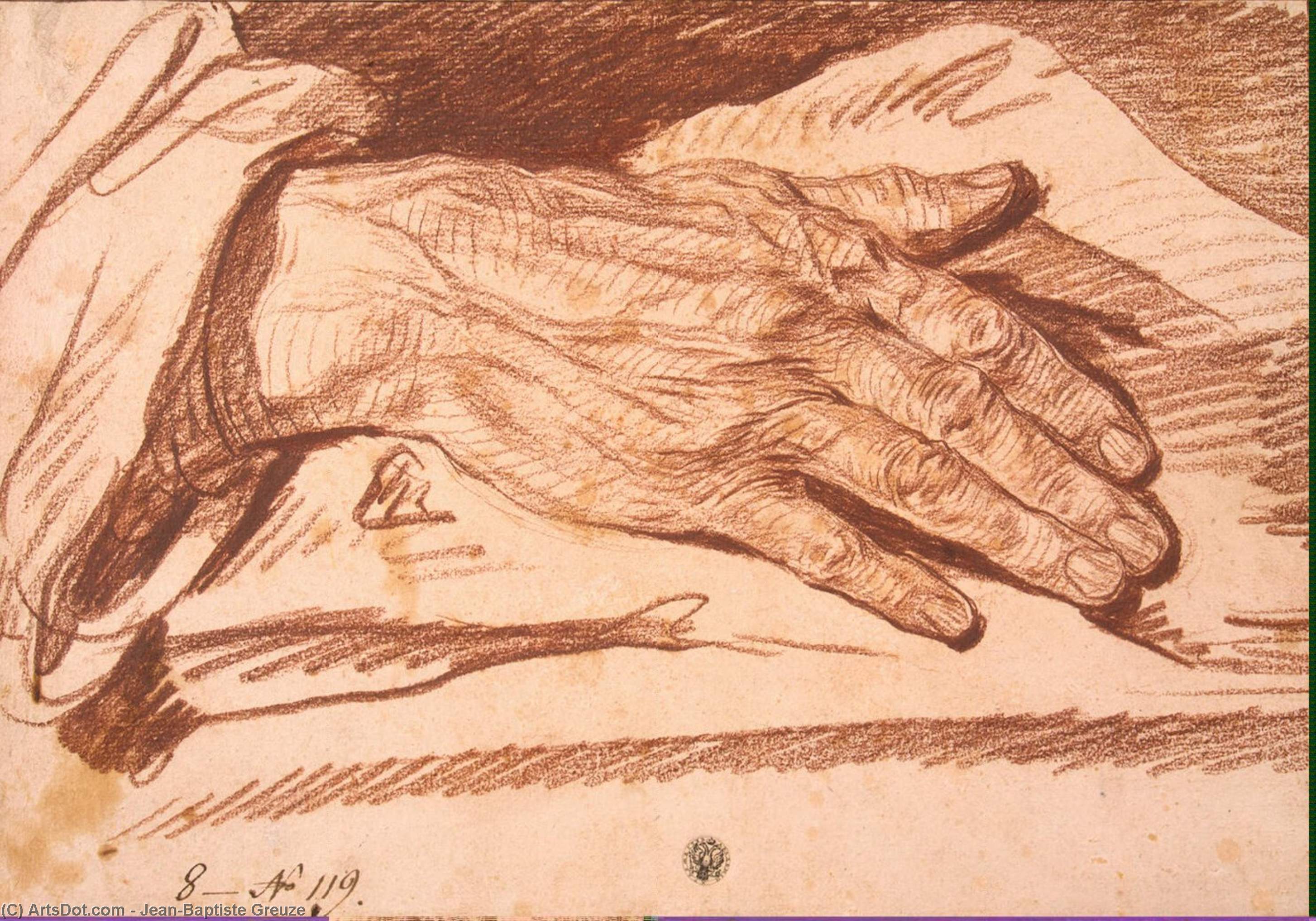 Wikoo.org - موسوعة الفنون الجميلة - اللوحة، العمل الفني Jean-Baptiste Greuze - Study of a Man's Hand with its Palm Down