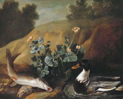 WikiOO.org - 百科事典 - 絵画、アートワーク Jean-Baptiste Oudry - a ダック 二つで ひげ で エッジ of a 池
