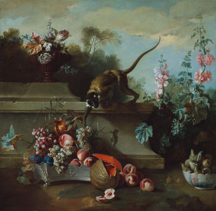 Wikioo.org - The Encyclopedia of Fine Arts - Painting, Artwork by Jean-Baptiste Oudry - Still Life with Monkey, Fruits, and Flowers