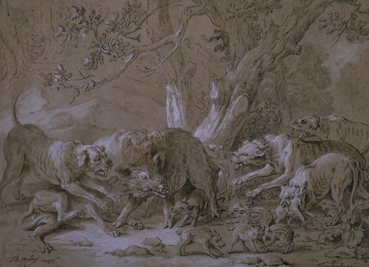 Wikioo.org - The Encyclopedia of Fine Arts - Painting, Artwork by Jean-Baptiste Oudry - Wild Sow and Her Young Attacked by Dogs