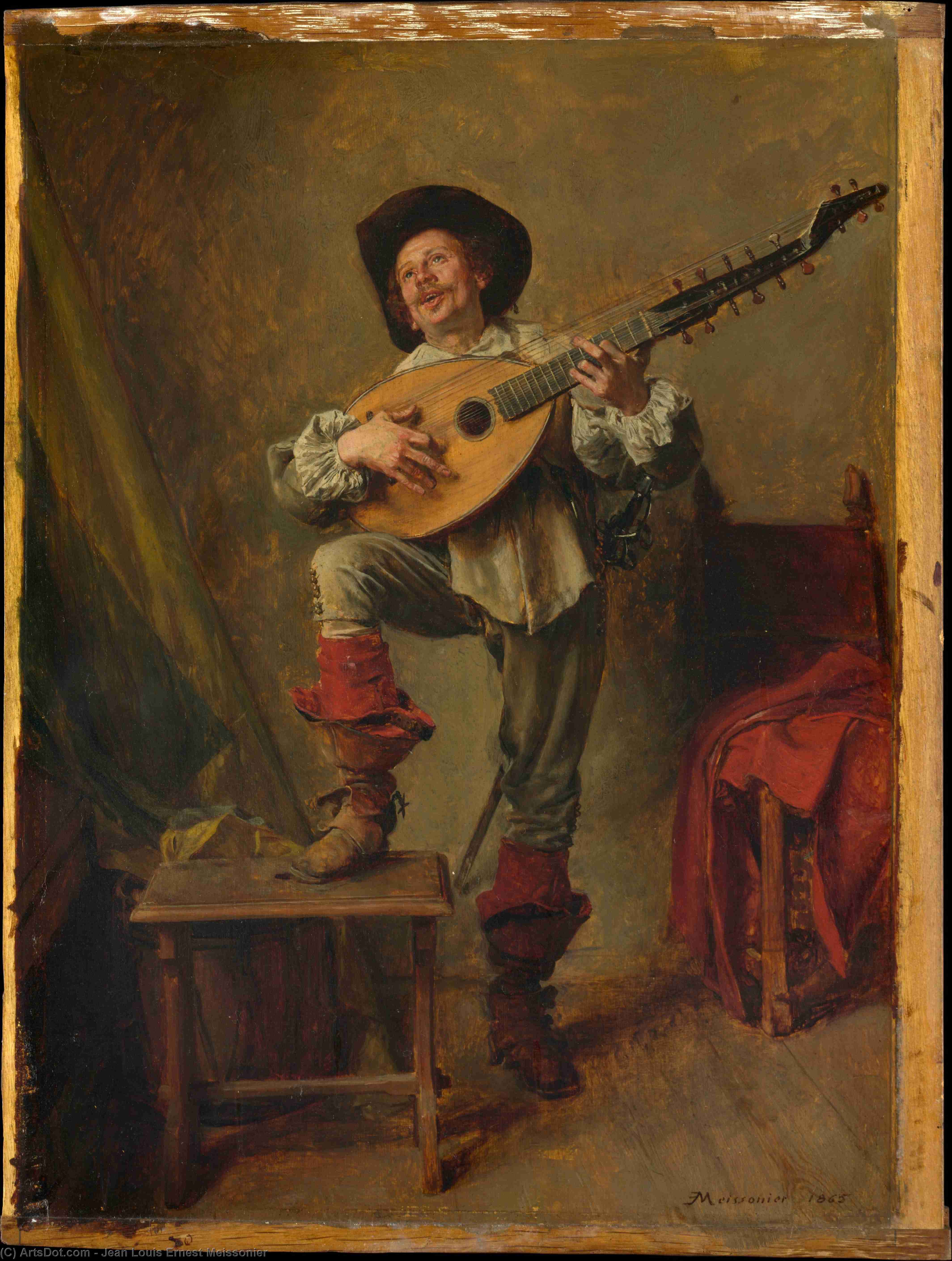 WikiOO.org - אנציקלופדיה לאמנויות יפות - ציור, יצירות אמנות Jean Louis Ernest Meissonier - Soldier Playing the Theorbo