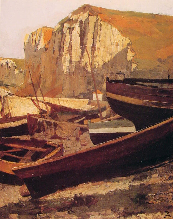 Wikioo.org - The Encyclopedia of Fine Arts - Painting, Artwork by Jean-Paul Laurens - Barques au pied d'une falaise en Normandie