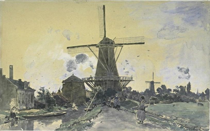 Wikioo.org - The Encyclopedia of Fine Arts - Painting, Artwork by Johan Barthold Jongkind - A mill surrounded by houses