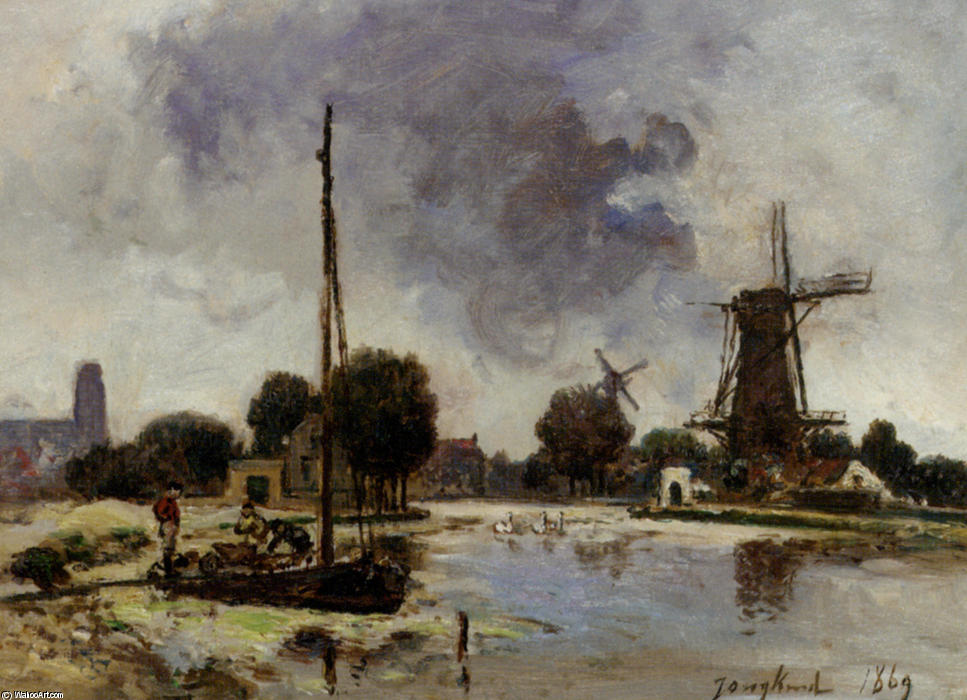 Wikioo.org - The Encyclopedia of Fine Arts - Painting, Artwork by Johan Barthold Jongkind - A Sailboat Moored on the Bank of a Stream