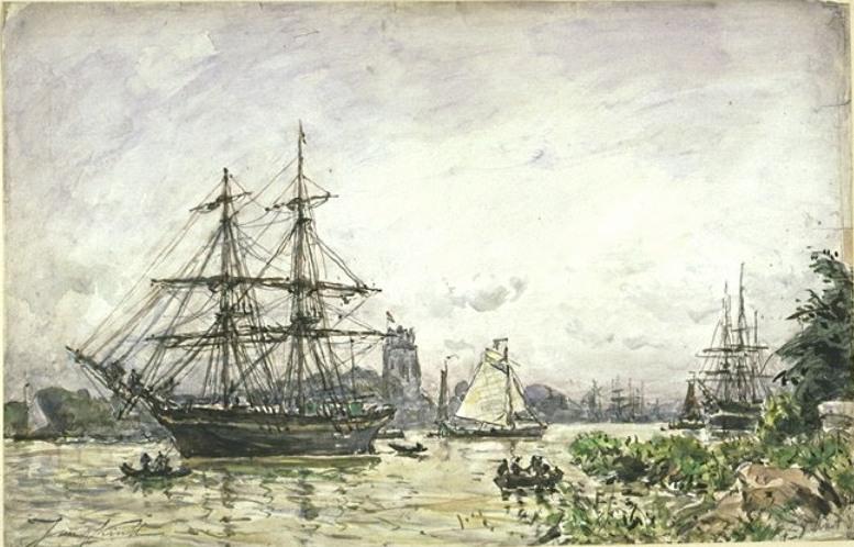 Wikioo.org - The Encyclopedia of Fine Arts - Painting, Artwork by Johan Barthold Jongkind - Brick sur la Meuse à Dordrecht