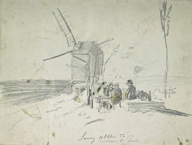 Wikioo.org - สารานุกรมวิจิตรศิลป์ - จิตรกรรม Johan Barthold Jongkind - Characters seated outdoors near the mill Sannois