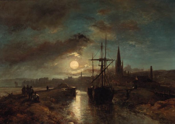 WikiOO.org - Enciclopedia of Fine Arts - Pictura, lucrări de artă Johan Barthold Jongkind - Figures on a jetty in the moonlit harbour of Harfleur