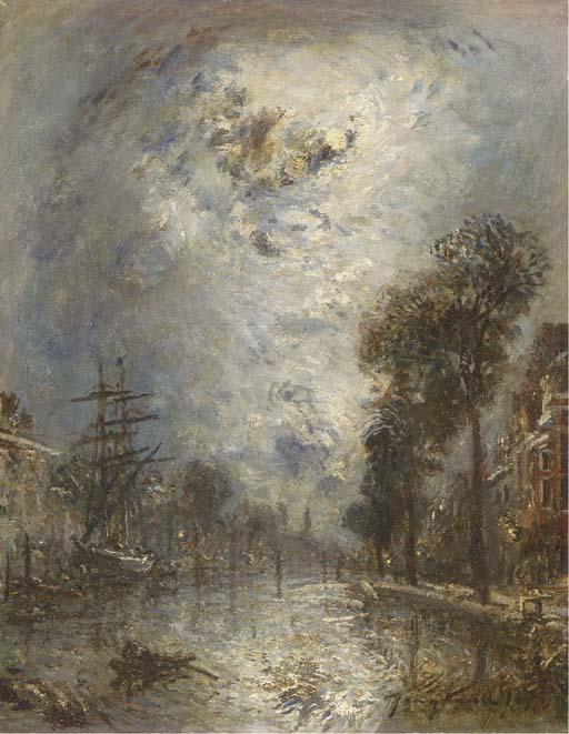 Wikioo.org – L'Encyclopédie des Beaux Arts - Peinture, Oeuvre de Johan Barthold Jongkind - a l intérieur du port de rotterdam , l effet de la lune