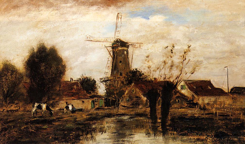 Wikioo.org - The Encyclopedia of Fine Arts - Painting, Artwork by Johan Barthold Jongkind - Landscape with Windmill