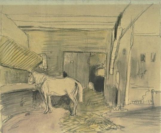 Wikoo.org - موسوعة الفنون الجميلة - اللوحة، العمل الفني Johan Barthold Jongkind - Stables with a horse, facing left