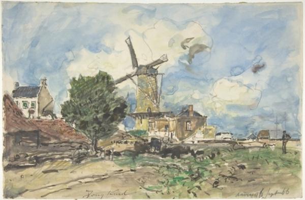 Wikioo.org - The Encyclopedia of Fine Arts - Painting, Artwork by Johan Barthold Jongkind - Wind Mill at Antwerp