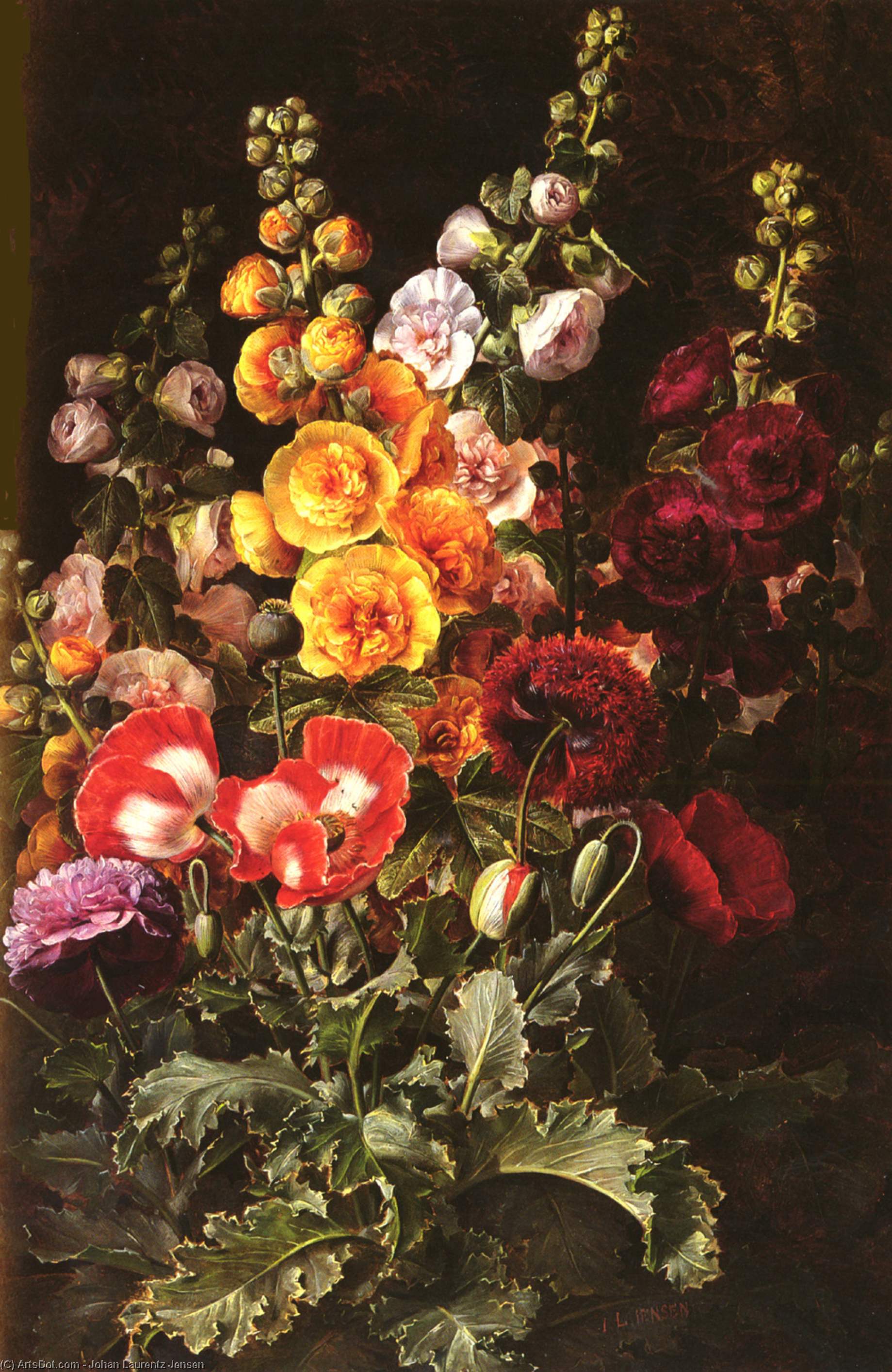 WikiOO.org - Encyclopedia of Fine Arts - Festés, Grafika Johan Laurentz Jensen - A Still Life Of Hollyhocks And Poppies