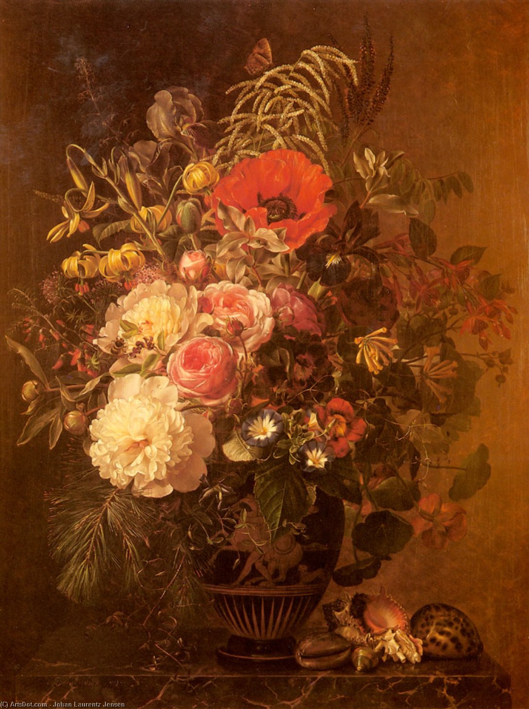 Wikioo.org - The Encyclopedia of Fine Arts - Painting, Artwork by Johan Laurentz Jensen - A Still Life with Flowers in a Greek Vase