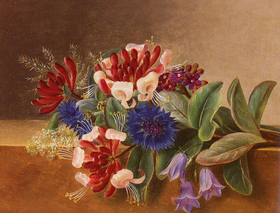Wikioo.org - The Encyclopedia of Fine Arts - Painting, Artwork by Johan Laurentz Jensen - A Still Life with Honeysuckle, Blue Cornflowers and Bluebells on a Marble Ledge