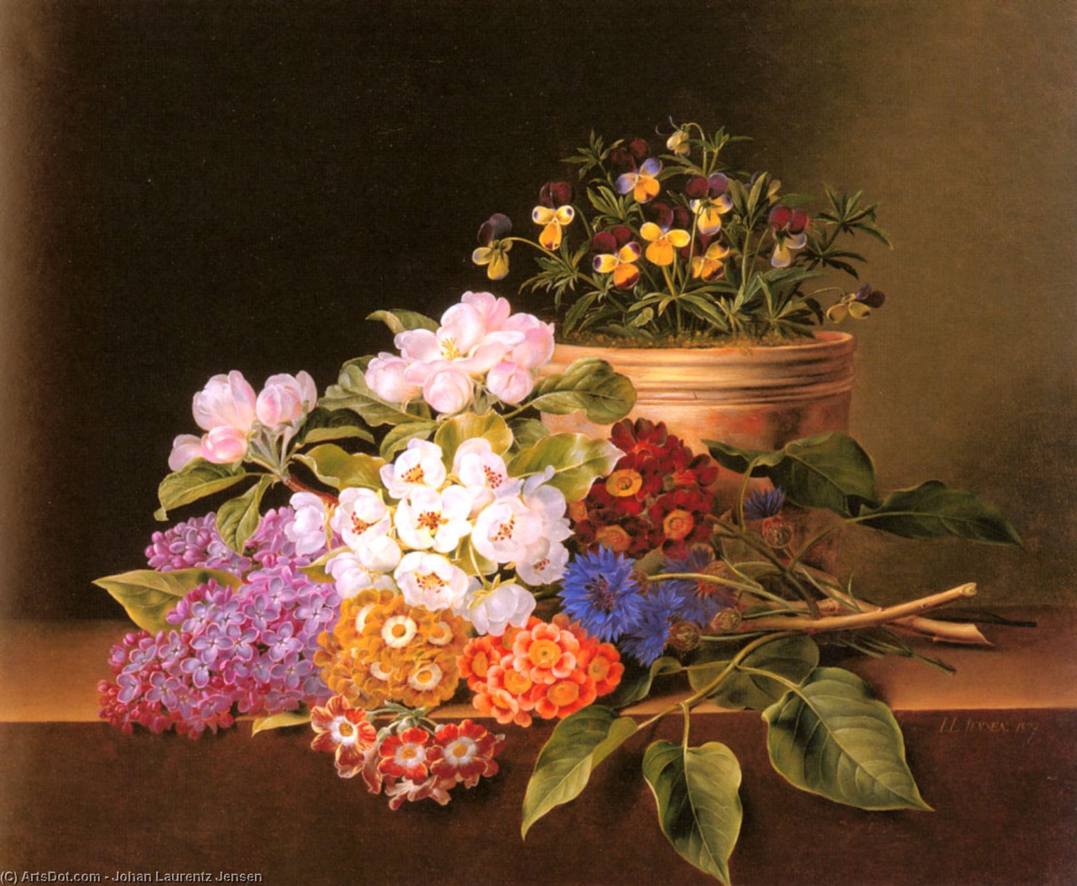 Wikioo.org - สารานุกรมวิจิตรศิลป์ - จิตรกรรม Johan Laurentz Jensen - Apple Blossoms, Lilac, Violas, Cornflowers and Primroses on a Ledge