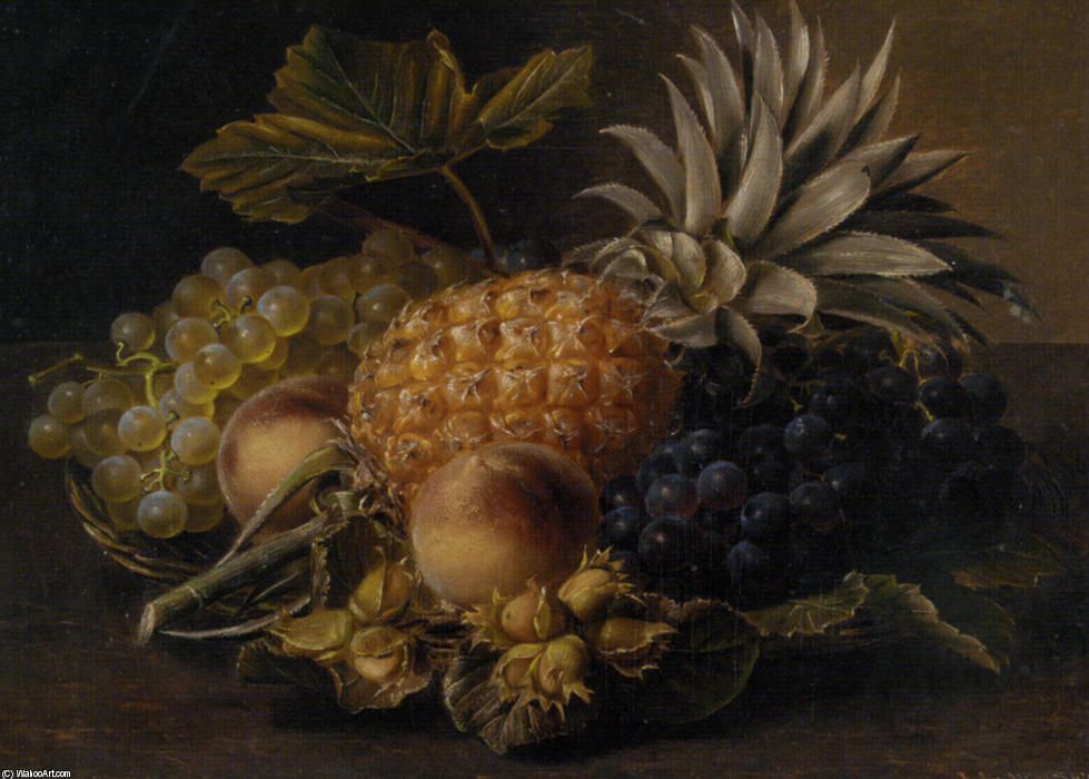 WikiOO.org - Encyclopedia of Fine Arts - Schilderen, Artwork Johan Laurentz Jensen - Fruit and Hazlenuts in a Basket