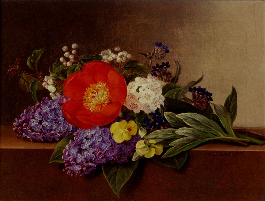 Wikioo.org - The Encyclopedia of Fine Arts - Painting, Artwork by Johan Laurentz Jensen - Lilacs, Violets, Pansies, Hawthorn Cuttings, And Peonies On A Marble Ledge