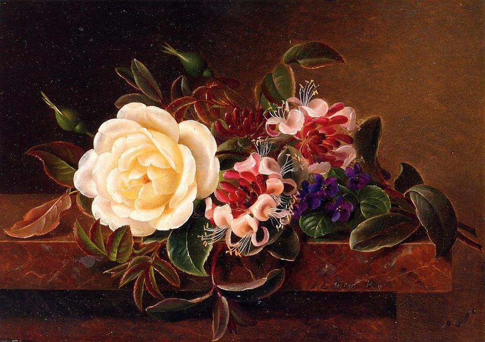 Wikioo.org - The Encyclopedia of Fine Arts - Painting, Artwork by Johan Laurentz Jensen - Still Life with a Rose and Violets on a Marble Ledge