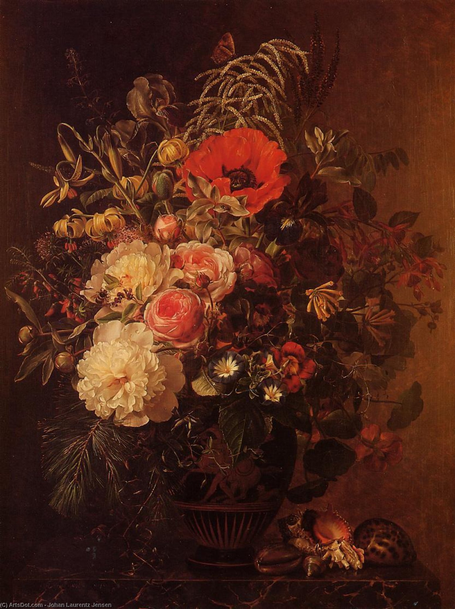Wikioo.org - The Encyclopedia of Fine Arts - Painting, Artwork by Johan Laurentz Jensen - Still Life with Flowers in a Greek Vase