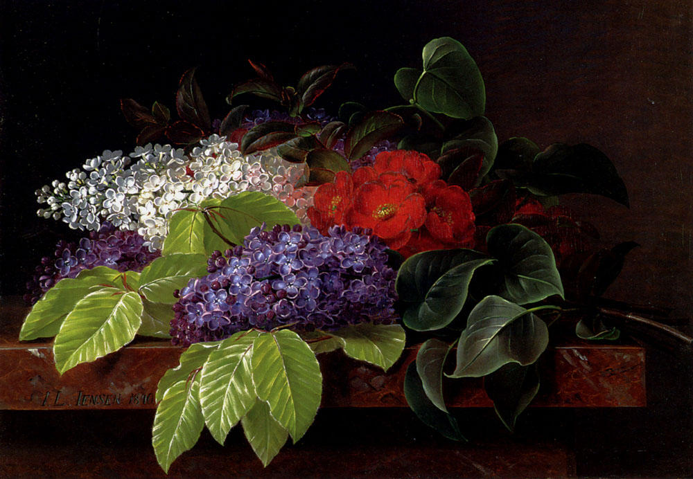 Wikioo.org - Bách khoa toàn thư về mỹ thuật - Vẽ tranh, Tác phẩm nghệ thuật Johan Laurentz Jensen - White and purple Lilacs, Camellia and Beech Leaves on a marble Ledge