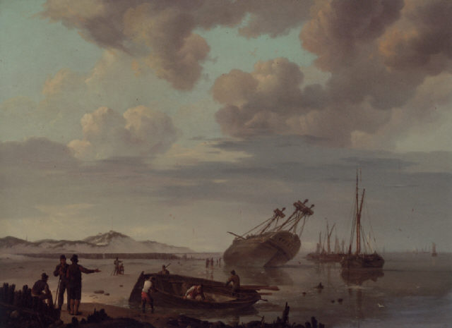 Wikioo.org - The Encyclopedia of Fine Arts - Painting, Artwork by Johannes Hermann Barend Koekkoek - A beached three-master with beachcombers along the shore