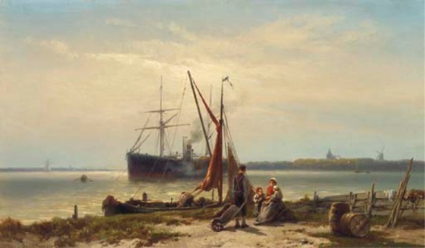 WikiOO.org - Encyclopedia of Fine Arts - Schilderen, Artwork Johannes Hermann Barend Koekkoek - A steamship anchored in a river
