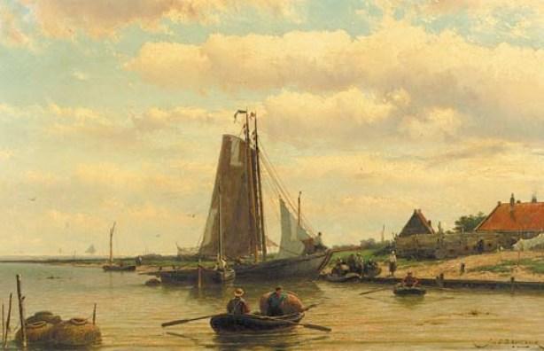 Wikioo.org - The Encyclopedia of Fine Arts - Painting, Artwork by Johannes Hermann Barend Koekkoek - A sunny day with fisherfolk setting out fish traps