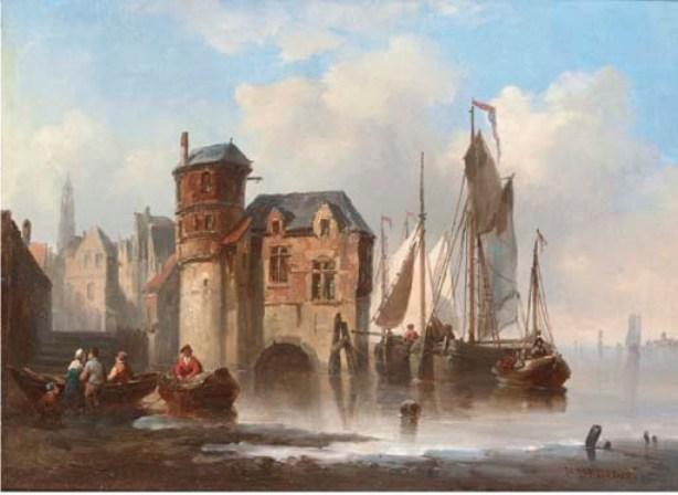 WikiOO.org - אנציקלופדיה לאמנויות יפות - ציור, יצירות אמנות Johannes Hermann Barend Koekkoek - Barges moored off a merchant's house in the Low Countries