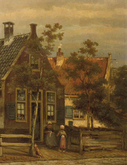 Wikioo.org – L'Encyclopédie des Beaux Arts - Peinture, Oeuvre de Johannes Hermann Barend Koekkoek - néerlandais scène de rue avec mère et enfant