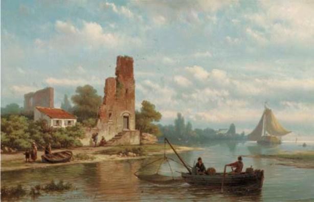 WikiOO.org - Encyclopedia of Fine Arts - Maľba, Artwork Johannes Hermann Barend Koekkoek - Fishermen near a ruin on a riverbank