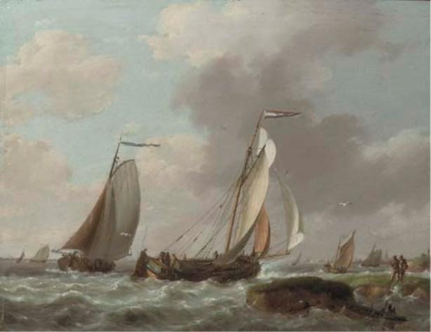 WikiOO.org - Encyclopedia of Fine Arts - Malba, Artwork Johannes Hermann Barend Koekkoek - Shipping by a coast in a brisk wind
