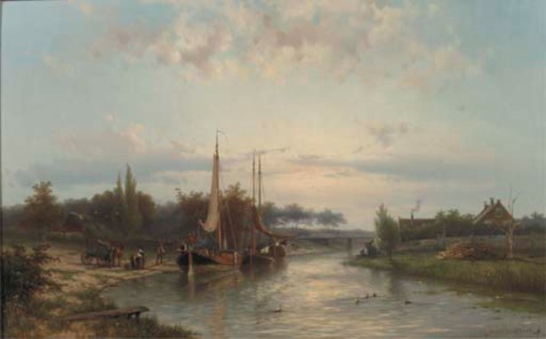 WikiOO.org - Encyclopedia of Fine Arts - Festés, Grafika Johannes Hermann Barend Koekkoek - Unloading the riverbarges in summer