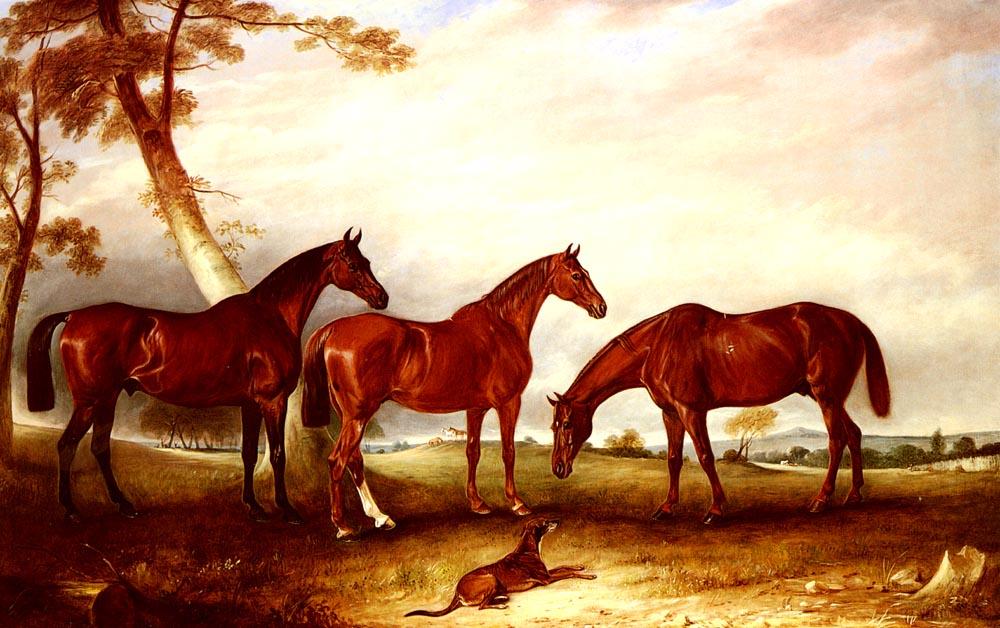 Wikioo.org - The Encyclopedia of Fine Arts - Painting, Artwork by John Ferneley Ii - Marvel, KingFisher And The Lad, Three Hunters Belonging To William Angerstein, In A Field With His Dog Spring