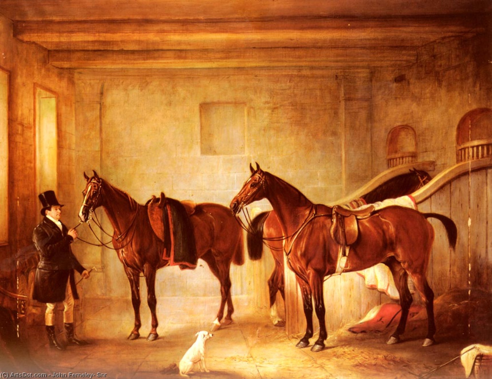 Wikioo.org - The Encyclopedia of Fine Arts - Painting, Artwork by John Ferneley Ii - Sir John Thorold's Bay Hunters With Their Groom In A Stable