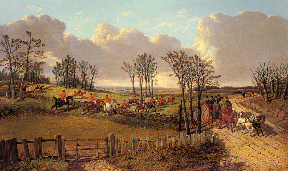 Wikioo.org - The Encyclopedia of Fine Arts - Painting, Artwork by John Frederick Herring Junior - A Hunting Scene with a Coach and Four on the Open Road
