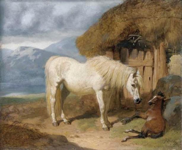Wikioo.org - The Encyclopedia of Fine Arts - Painting, Artwork by John Frederick Herring Senior - A mare and foal by a bothy